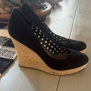 Fergie Black Wedges with Tan Espadrille